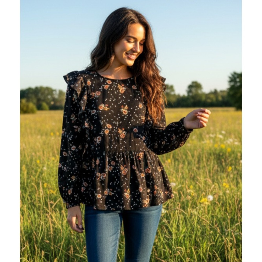 NEW Loft Top Black Floral Ruffle Peplum Peasant Boho Coquette Romantic Size L